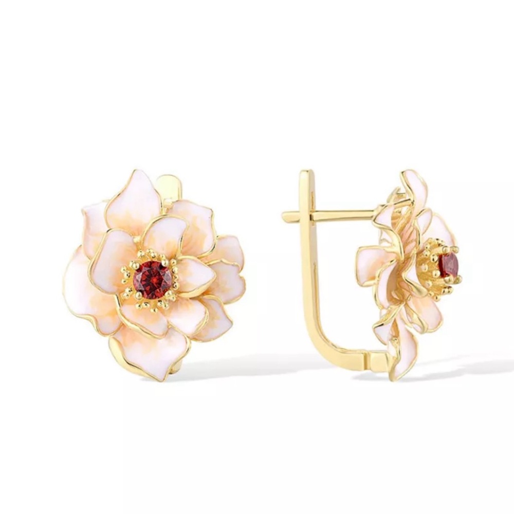 Enamel CZ Flower Gold Plated Stud Earrings